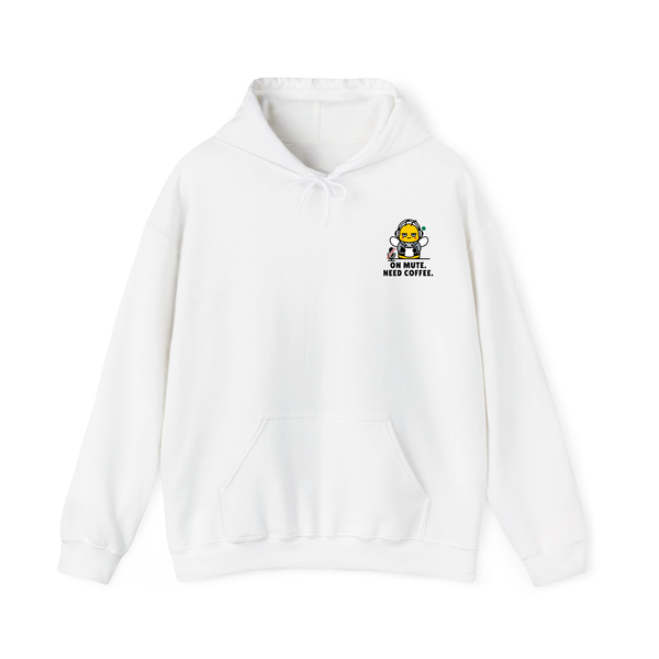 Ceramic white pullover hoodie featuring a small graphic on the left chest of a cartoon bee rushing with a coffee cup and tie, below the black text "ON MUTE. NEED COFFEE." on a solid white background.