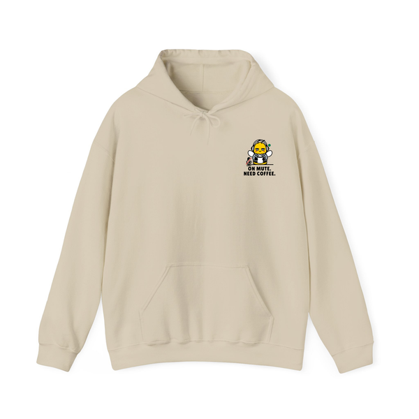 Oatmeal Cream pullover hoodie featuring a small graphic on the left chest of a cartoon bee rushing with a coffee cup and tie, below the black text "ON MUTE. NEED COFFEE." on a solid white background.