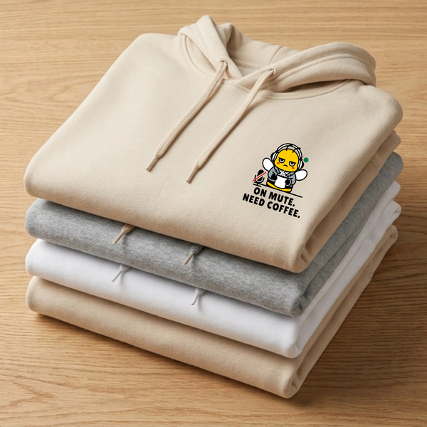 A stacked pile of three folded minimalist unisex hoodies on a wooden table, featuring an upper-left chest embroidery design of a running corporate bee mascot with a coffee mug and the text slogan ON MUTE. NEED COFFEE. Fabric colorways displayed from top to bottom are Oatmeal Cream Sand, Heather Ash Grey, and Ceramic White.