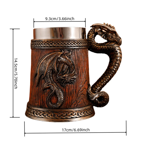 Size chart diagram for the medieval dragon barrel tankard showing a height of 14.5 cm (5.70 inches), top rim diameter of 9.3 cm (3.66 inches), and a total width of 17 cm (6.69 inches) including the dragon handle.
