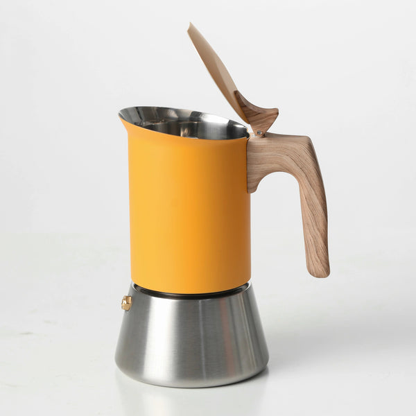 Nordic Stainless Steel Moka Pot – 4/6 Cup Matte Yellow Stovetop Espresso Maker for Home, Office & Camping
