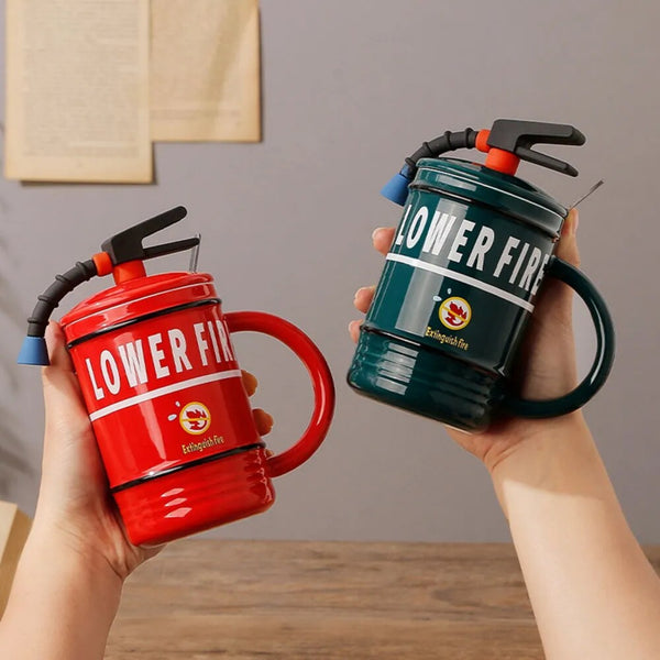 Fire Extinguisher Ceramic Mug With Lid And Spoon