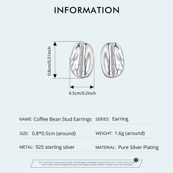 LUXYGLO  Authentic 925 Sterling Silver Coffee Bean Stud Earrings