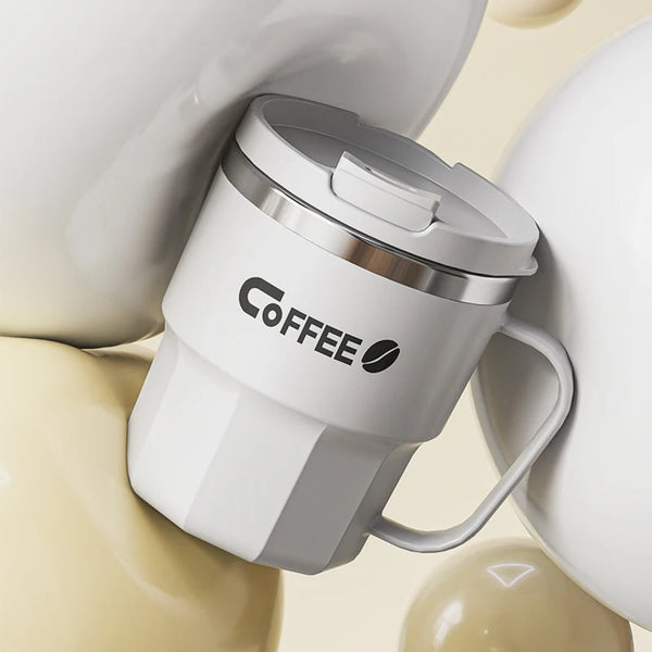 White 400ml insulated stainless steel coffee mug with matching lid and handle