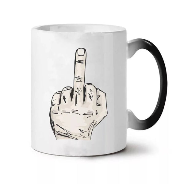 A white ceramic mug with a black handle, featuring a black line art graphic of a hand showing the middle finger on the front.