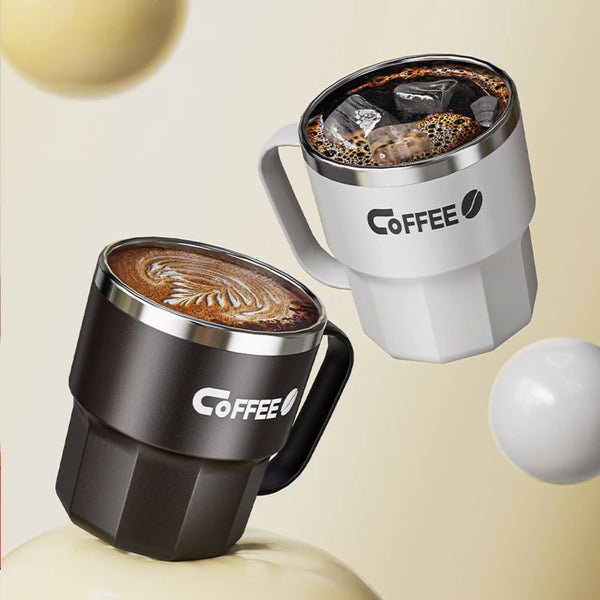 Black and white insulated coffee mugs showing thermal use for hot latte art and iced coffee with cubes