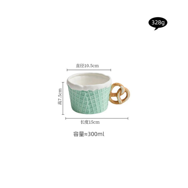 Technical dimensions for the pretzel handle waffle mug showing a 300ml capacity, 10.5cm diameter, 7.5cm height, and 328g weight.