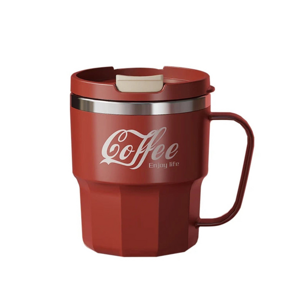 400ml double wall insulated stainless steel coffee mug in red with lid and handle