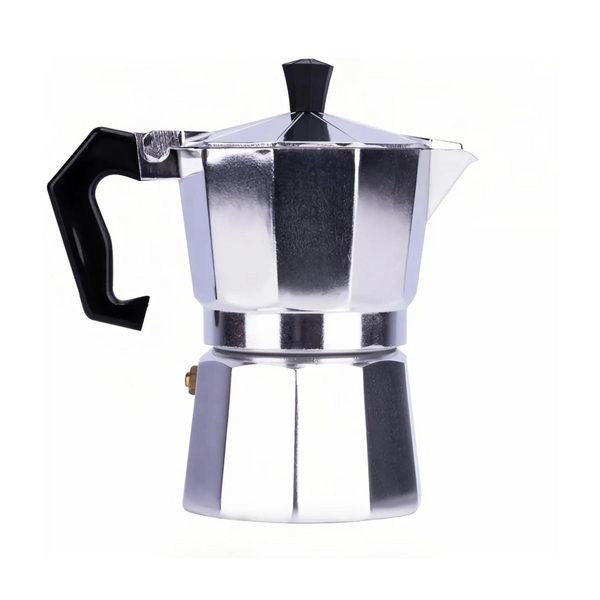 Silver espresso maker with black handle on a white background