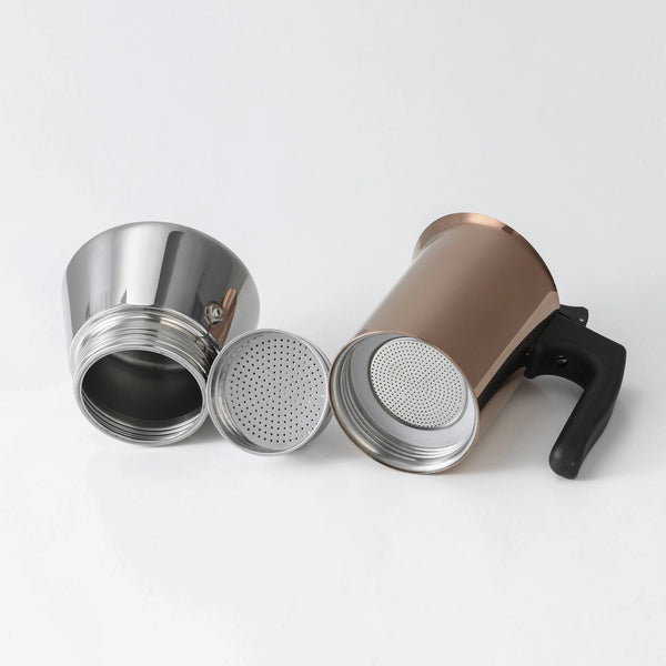 Moka Pot with different components on a white background.