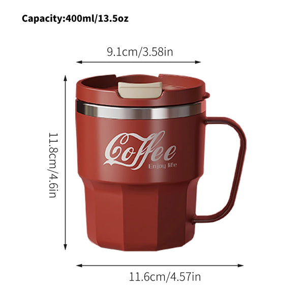 Product dimensions diagram for 400ml 13.5oz red insulated coffee mug showing height and width measurements