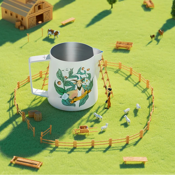 MHW-3BOMBER Origin Series milk pitcher featured in a creative miniature farm scene with the Kaldi goat illustration.