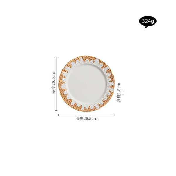 Dimension and weight specifications for the waffle-patterned ceramic dessert plate: 20.5cm diameter, 1.8cm height, and 324g weight.