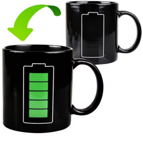 Black mug with battery icon design, showing a green battery charge level on one side and a black side.