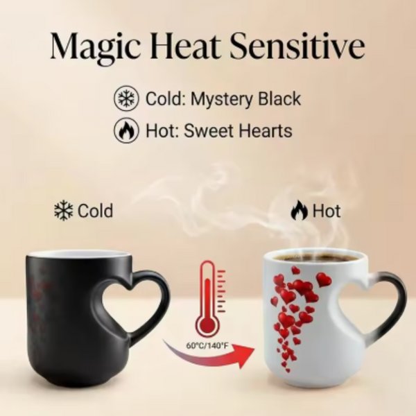 A heart-shaped ceramic mug shown in a before-and-after temperature-sensitive design. On the left, the mug is black with faint red heart patterns and the word 'Cold' above it.