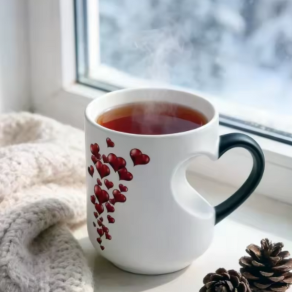A white ceramic heart-shaped mug filled with a hot red drink, placed on a windowsill with a knitted blanket, pinecones, and a snowy outdoor view in the background.