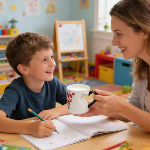 A woman and a young boy smile at each other in a brightly lit children's room. The woman holds a white ceramic mug with a black handle and a red berry pattern, while the boy writes in a notebook at the table.