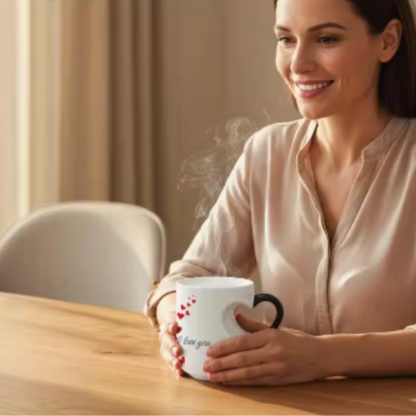 A smiling woman in a light beige blouse sits at a wooden table holding a white ceramic mug with a black heart-shaped handle and a red heart pattern. The scene is warmly lit with soft background curtains, and promotional text appears in the upper left corner.