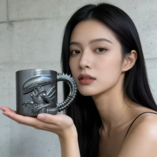 A woman holds a metallic silver mug featuring a detailed Xenomorph creature design on the side, set against a neutral gray concrete wall.
