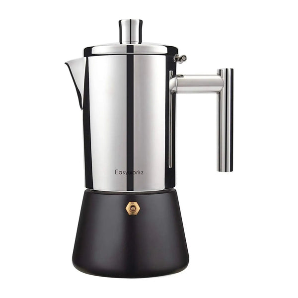 Stainless steel espresso maker with black base on a white background