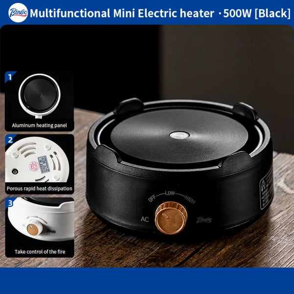 Multifunctional mini electric heater with features highlighted on a wooden surface