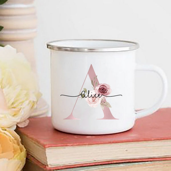 Floral Initial Name Personalized Enamel Mug