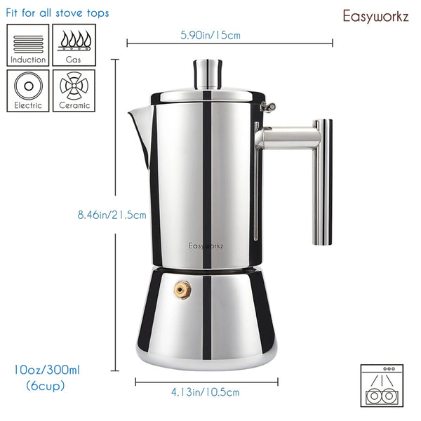 Stainless steel espresso maker with dimensions and compatibility icons on a white background