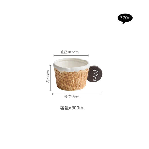 Size and weight specifications for the chocolate cookie handle waffle mug: 300ml capacity, 10.5cm diameter, 7.5cm height, and 370g weight.