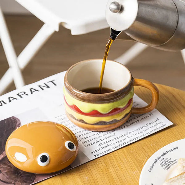 HANGRY Hamburger Shaped Ceramic Coffee Mug With Lid