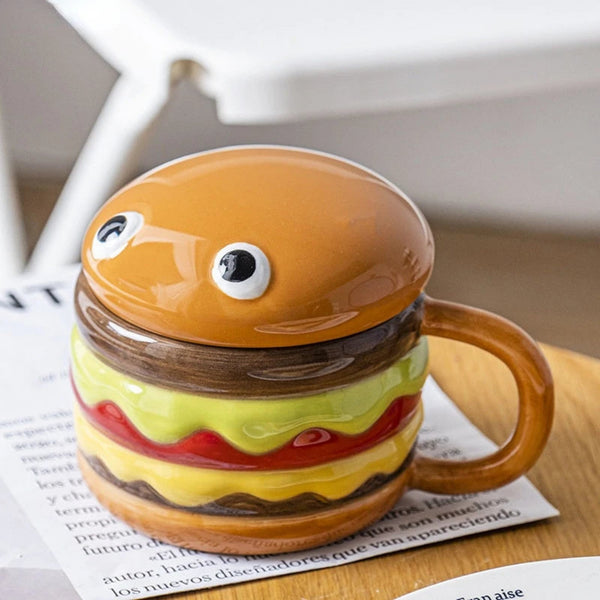 HANGRY Hamburger Shaped Ceramic Coffee Mug With Lid