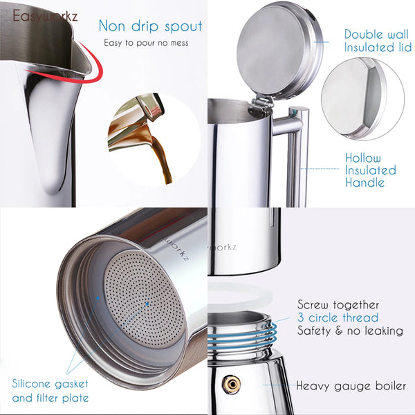 Stainless steel travel mug with features highlighted on a white background