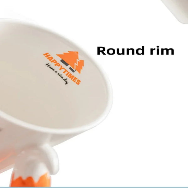 Close-up view of a white ceramic fox mug showing a smooth round rim and an interior logo with orange trees and text reading Happytimes Have a nice day.