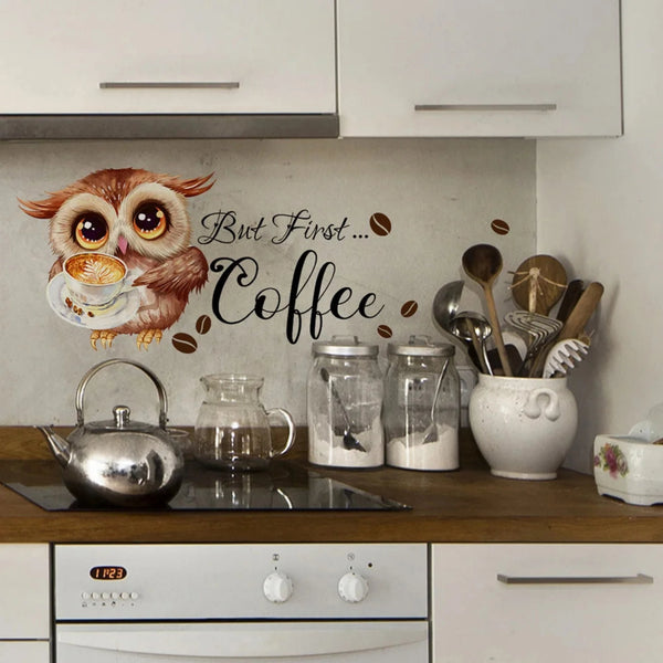 But First Coffee Owl Coffee Cup Wall Sticker