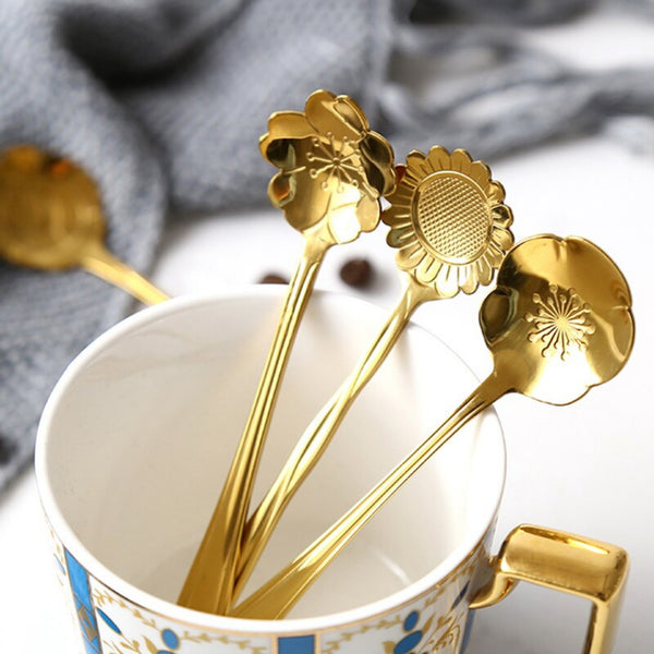 4pcs Vintage Flowers Stainless Steel Gold Spoons
