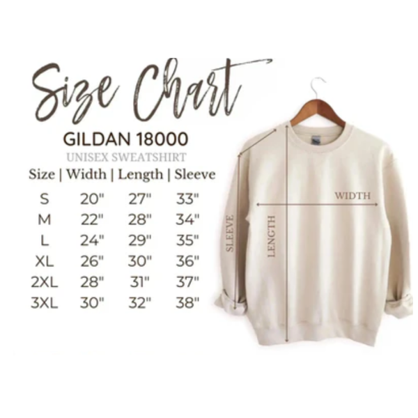 Gildan 18000 sizing guide chart for unisex crewneck sweatshirts, listing dimensions for sizes Small to 3XL including width, length, and sleeve measurements in inches alongside a diagram.