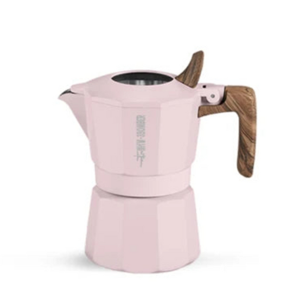 A light pink aluminum moka pot with a dark brown wooden handle, shown on a clean white background.