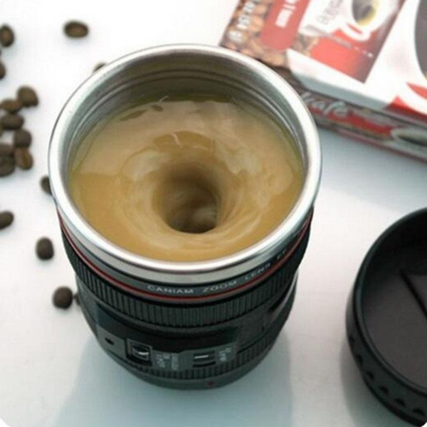 Zoom Camera Lens Self Stirring Travel Mug